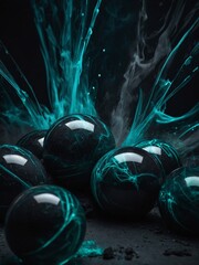 Wall Mural - Abstract charcoal background with teal streaks and glowing orbs creating a dynamic pattern