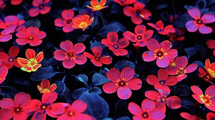 Poster -   A close-up of several flowers with red and yellow blooms in the center, surrounded by a single red and yellow flower in the focal point