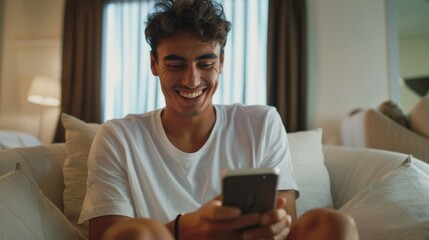 Young man smiling at phone in bedroom.