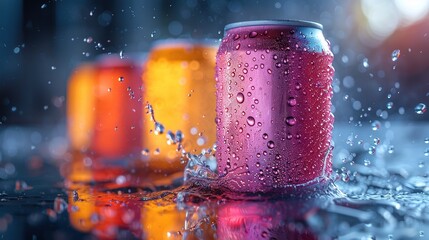 Poster -    a soda can on a table with water droplets and a blurred background