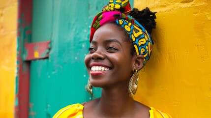 A portrait of a young Black woman wearing a colorful headscarf and earrings, with a bright smile and a joyful expression. The image symbolizes beauty, diversity, culture, optimism, and empowerment.