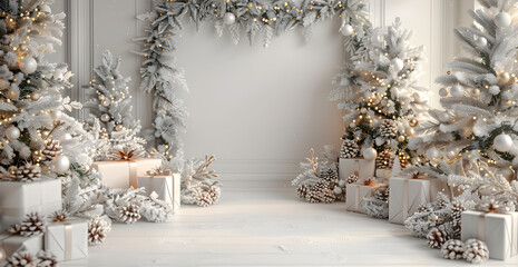 A white room with a white wall and a white Christmas tree