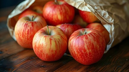 Poster - A bag of apples sits on a wooden table