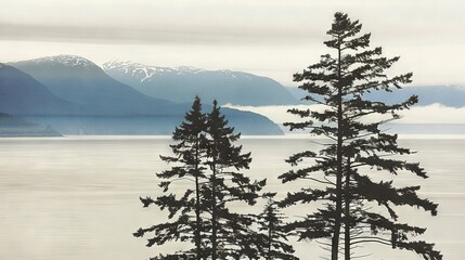 Sticker -   Two trees stand alone amidst a watery expanse, framed by majestic snow-capped mountains