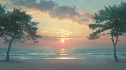 Poster -   A pair of trees perch atop a sandy shore, framing a serene view of the tranquil waters beyond during an enchanting sunset