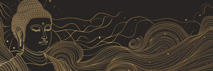 Poster - A serene illustration of Buddha with closed eyes,  depicted in a minimalist style,  surrounded by abstract wavy lines that symbolize the flow of life,  and golden stars, which represent enlightenment.