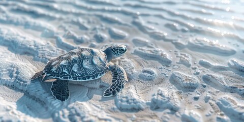 Poster - A sea turtle on the sandy beach with a clear sky.