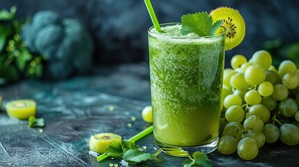 Poster -   A glass filled with green liquid rests beside a cluster of grapes and a kiwi perched atop a table