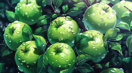 Poster -   Green apples on top of green leaves with water droplets