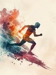 Sticker - A silhouette of a runner in motion, set against a colorful watercolor splatter background. The image symbolizes speed, determination, and the pursuit of goals.