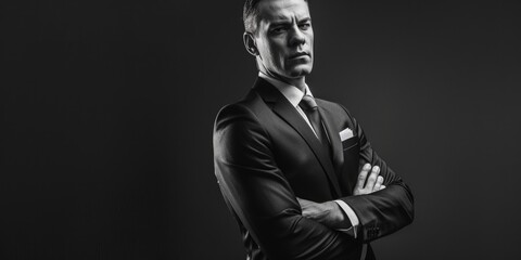 A confident businessman in a suit standing with hands on hips, black and white portrait with stylized effect.