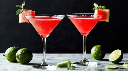 Poster -   Two watermelon martinis on a table with limes and a slice of watermelon on the side