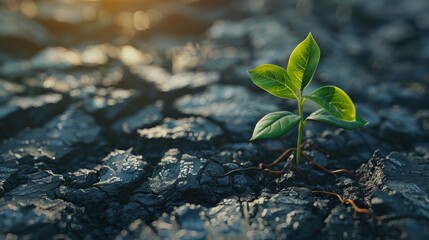 A small green plant pushes through cracked and dry earth, symbolizing resilience, hope, new beginnings, growth, and overcoming challenges.