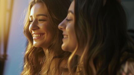 Two young women enjoying a joyful conversation outside. They are smiling and laughing, sharing a moment of connection and happiness.