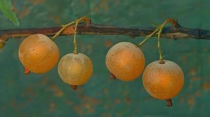 Poster -   A zoomed-in image of a tree branch with fruit dangling from its limbs, set against a backdrop of water