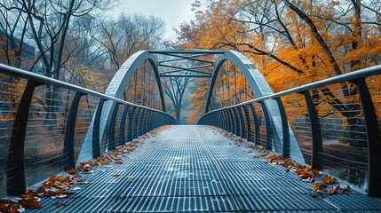 Wall Mural -   A bridge surrounded by orange and yellow leaf-covered trees in autumn