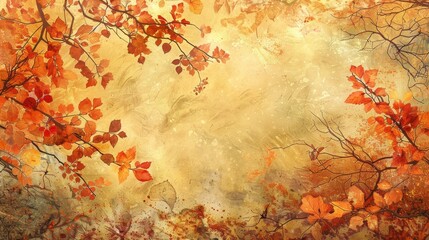 Poster - A watercolor painting of autumn leaves with a golden background. It symbolizes nature, change, beauty, warmth and peace.