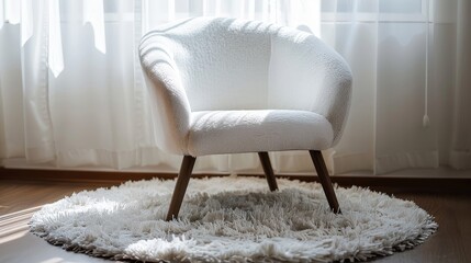 Poster - A white armchair sits on a fluffy rug, bathed in soft sunlight streaming through a window, symbolizing comfort, relaxation, warmth, and homeliness.