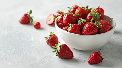 Wall Mural - A white bowl filled with ripe strawberries, arranged artfully on a light grey background. The composition symbolizes freshness, health, summer, and a delicious treat.