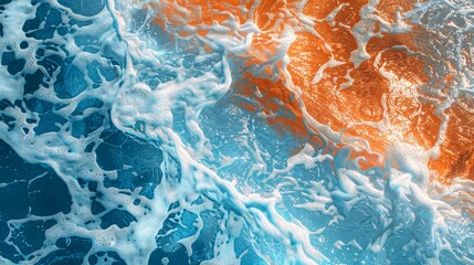 Poster - An abstract close-up of ocean waves with white foam illuminated by sunlight. The image conveys a sense of movement, energy, and the power of nature.