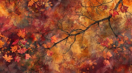 Poster - An abstract watercolor background featuring a textured canvas with vibrant red, orange, and yellow leaves symbolizing the beauty, change, and transition of autumn.