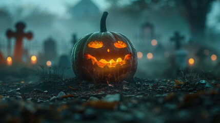 Wall Mural - A pumpkin with a smiley face on it is sitting on a cemetery. The scene is set in a graveyard with a few candles scattered around