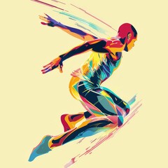 Sticker - An athlete in mid-leap, showcasing power, speed, and athleticism, represented through vibrant abstract art, symbolizing determination, achievement, and overcoming challenges.