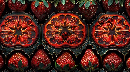 Poster -   Red strawberries sit atop a green tree surrounded by leaves