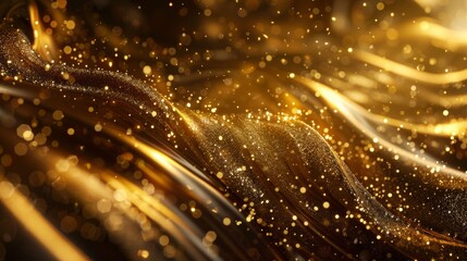 Wall Mural - A closeup showcases shimmering gold texture adorned with swirling patterns and sparkling particles against a dark backdrop, creating a captivating effect