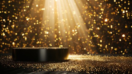 A black podium shines brightly under a spotlight, enhanced by a shimmering gold glitter background, creating an elegant atmosphere for the evening’s celebration