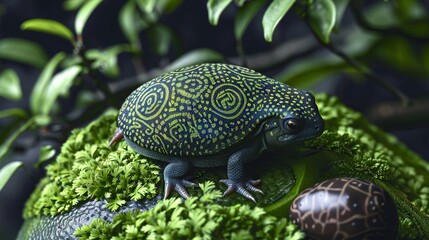 Wall Mural -   Blue and green frog perched on moss-covered green rock beside black and white egg