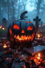 Wall Mural - A pumpkin with a smiley face on it is sitting on a cemetery. The scene is set in a graveyard with a few candles scattered around