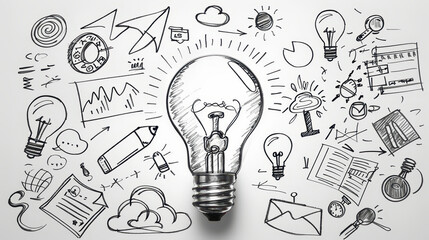 Sticker - A sketch of a light bulb surrounded by various objects, including a clipboard, a pen, and a cell phone. Concept of creativity and innovation, as the light bulb is often associated with ideas