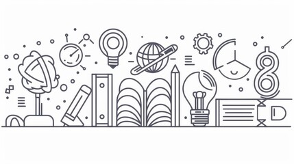 Poster - This line art illustration symbolizes the pursuit of knowledge, the generation of ideas, and the power of creativity.  Books, pencils, light bulbs, a globe, and a clock represent learning, thinking, i