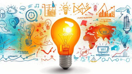 Wall Mural - A sketch of a light bulb surrounded by various objects, including a clipboard, a pen, and a cell phone. Concept of creativity and innovation, as the light bulb is often associated with ideas