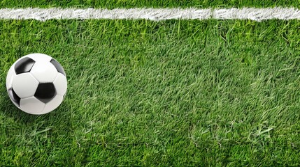 Wall Mural - A black and white soccer ball lies on lush green grass, highlighting the perfect setting for a spirited game or practice session