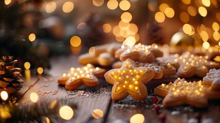 A delightful arrangement of beautifully decorated Christmas cookies with sparkling lights creating a warm and cheerful holiday atmosphere