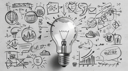 Wall Mural - A sketch of a light bulb surrounded by various objects, including a clipboard, a pen, and a cell phone. Concept of creativity and innovation, as the light bulb is often associated with ideas