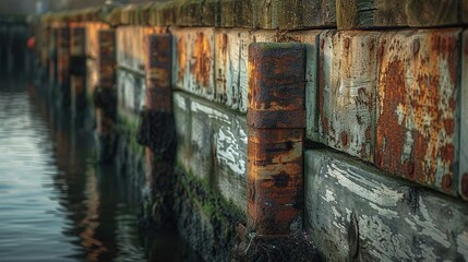 Wall Mural -   A dilapidated wall beside a water body with a bird perched on one of its sections