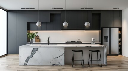 Wall Mural - A stylish modern kitchen showcases a large marble island and sleek stainless steel appliances, highlighted by abundant natural light and an open concept design