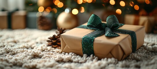 Wall Mural - Close up of a Christmas present with a green ribbon and pine tree on a white carpet with bokeh lights