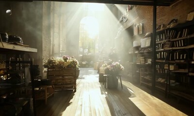 Sticker - Charming flower shop with fresh blooms, rustic vases, and diffused sunlight. Wide angle shot, cinematic style.