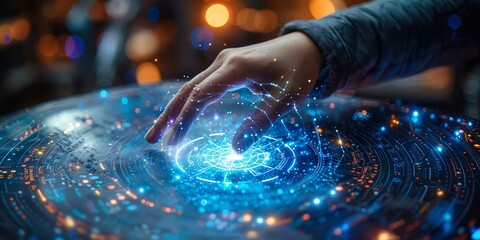 Fototapete - Hand interacting with a glowing digital hologram, showcasing futuristic technology and innovative virtual interface in a high-tech setting, Generative Ai