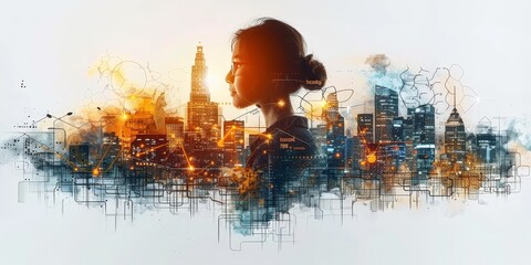 Poster - Profile of a woman blended with a cityscape, representing urban innovation and technological connectivity in a modern digital world, Generative Ai