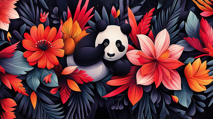 Wall Mural -   A panda bear sitting atop a lush green forest brimming with red and orange blossoms and foliage