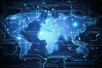 Poster - Digital world map in blue representing global connectivity and advanced technology in a futuristic design, Generative Ai