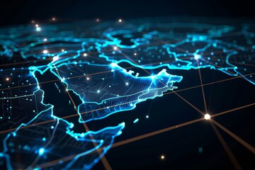 Fototapete - Digital representation of the Middle East in blue, highlighting technological connectivity and modern mapping innovation, Generative Ai
