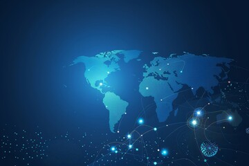 Leinwandbilder - Digital world map in blue representing global connectivity and advanced technology in a futuristic design, Generative Ai