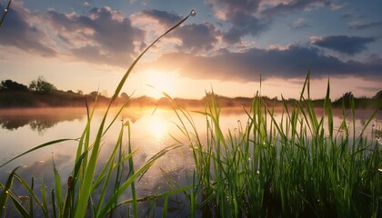 Wall Mural - scenic view of beautiful sunrise or dawn above the pond or lake at spring or early summer morning with cloudy sky background clouds over water and reed grass with dew at foreground water reflection