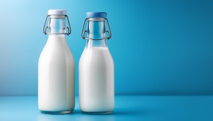 Poster - glass bottle filled with milk on light blue background